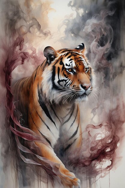 a tiger with a tiger on its back and a smokey background