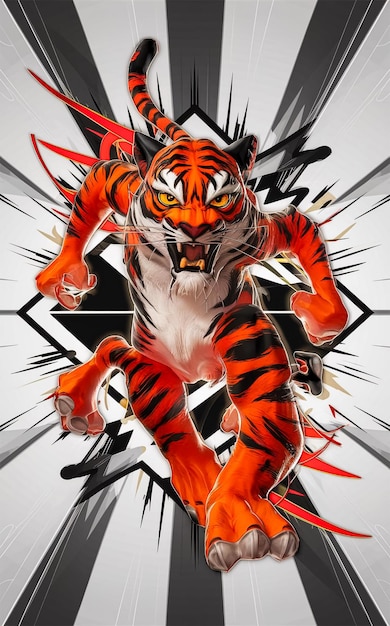 a tiger with a white chest and a black and red stripes on it