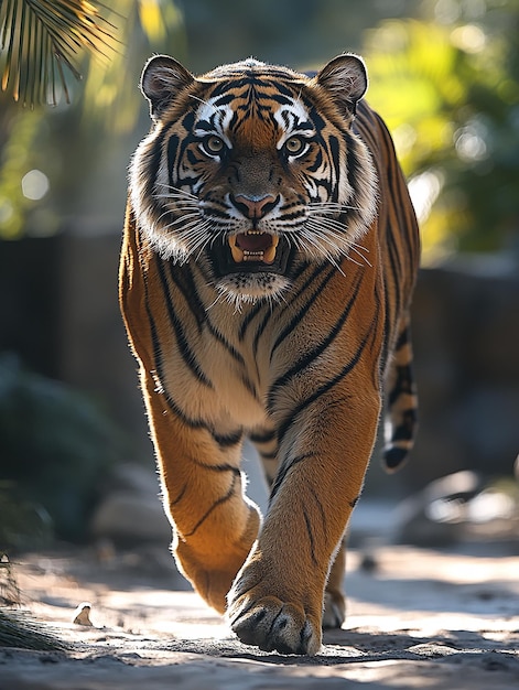 a tiger with a white face is walking on a dirt path