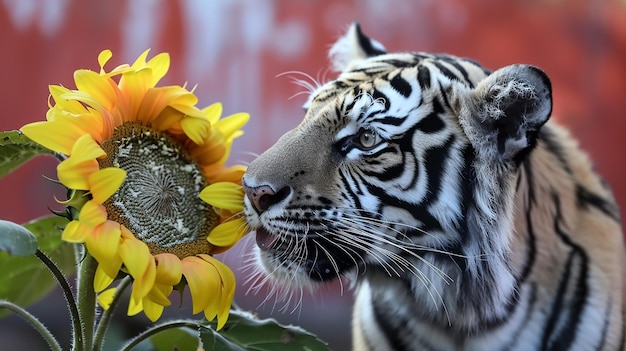 a tiger with a yellow flower in front of it