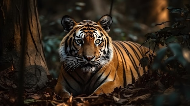 A tiger in the woods with a dark background