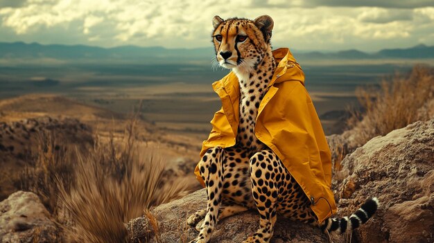 Photo a tiger in a yellow raincoat sits on a rock