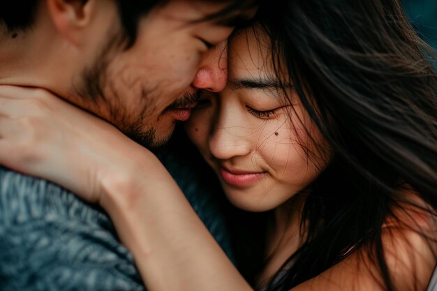 Photo a tight hug between an asian couple their faces close