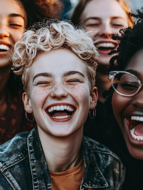 Photo a tightknit circle of friends joyfully shares a moment embodying unity across cultures in a contemporary urban backdrop