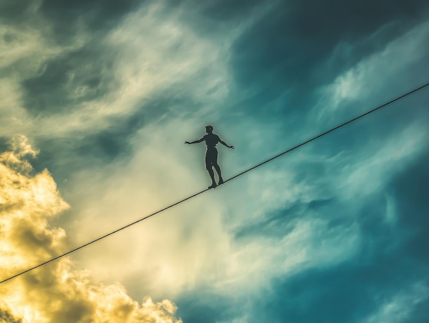 Photo tightrope walker skillfully crossing a high wire symbolizing balance