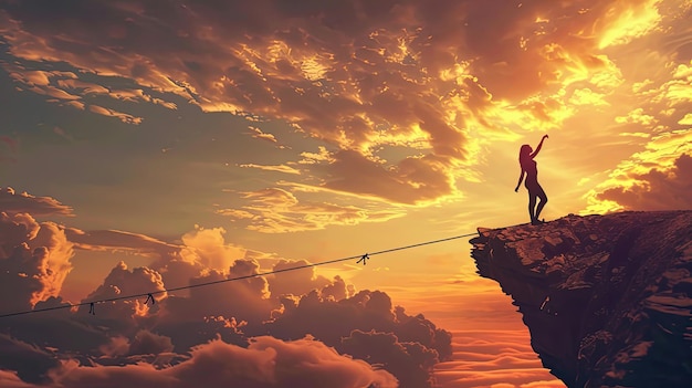 Tightrope walking at height with incredible balance Performance performance mountains landscape extreme entertainment sky man on a rope silhouette Incredible skill concept Generative by AI