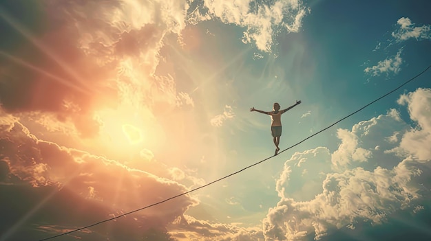 Tightrope walking at height with incredible balance Performance performance mountains landscape extreme entertainment sky man on a rope silhouette Incredible skill concept Generative by AI