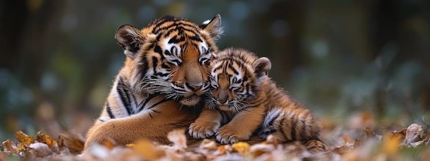 Photo a tigress with her cute baby cub