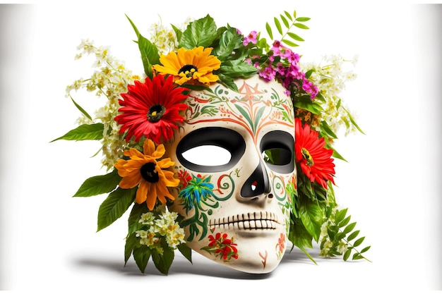 Tiki mask white skull on exotic holiday dead in mexico