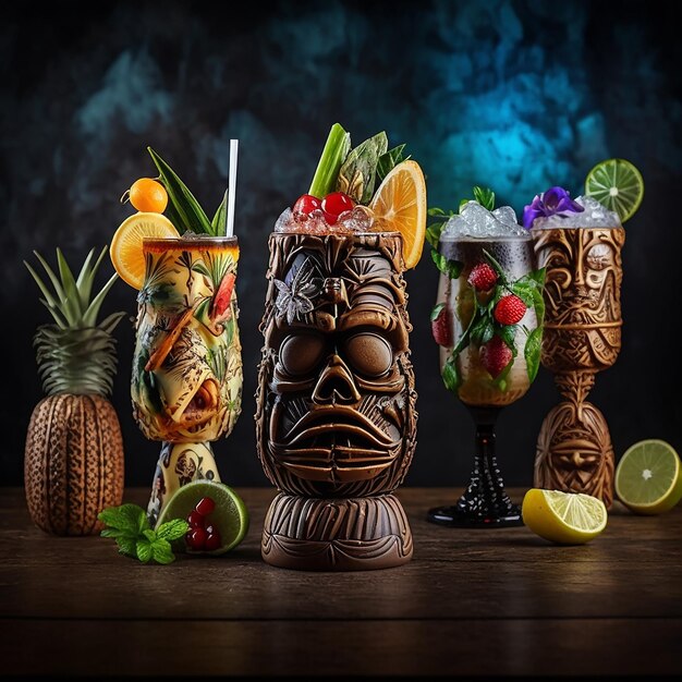 Photo a tiki mug with a tiki cocktail on it