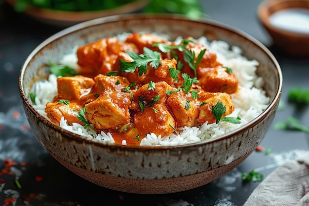 Tikka Masala Curry Chicken Served Over Rice in Bowl Traditional Indian food