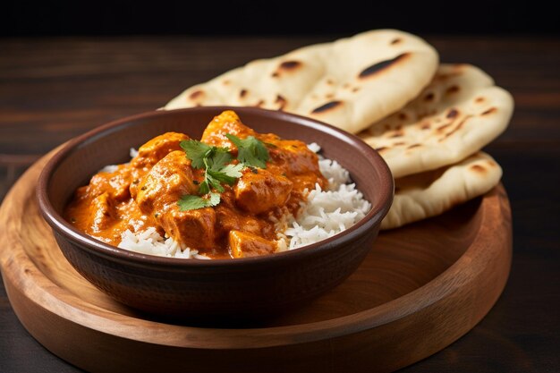 Tikka masala in a rustic clay bowl with a side of naan bread