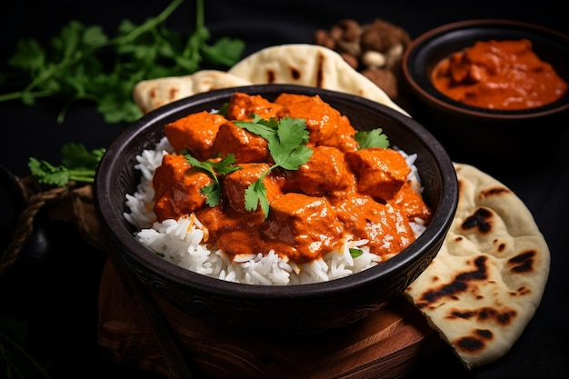 Tikka masala in a rustic clay bowl with a side of naan bread