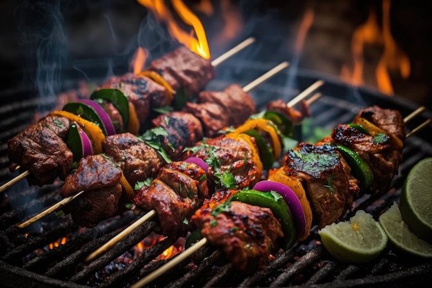 Tikka shish kofta kebabs on charcoal barbeque