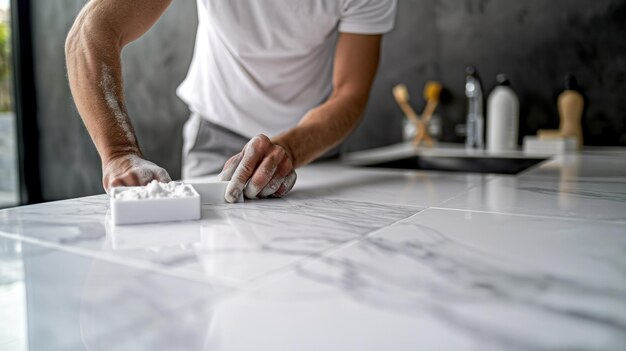 Photo tile installer laying new tiles in a bathroom meticulously aligning each piece and applying grout to create a durable and attractive surface