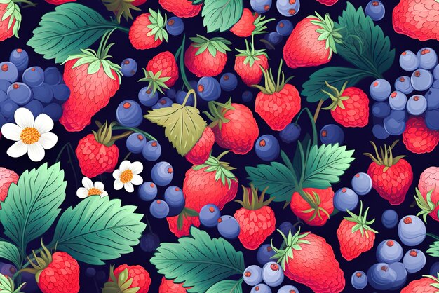 Tile Seamless background with strawberries and daisies Generative AI