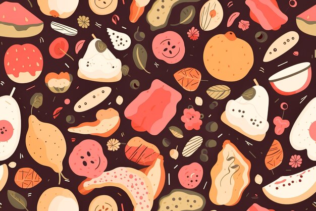 Tile Seamless pattern with hand drawn fruits and berries Generative AI