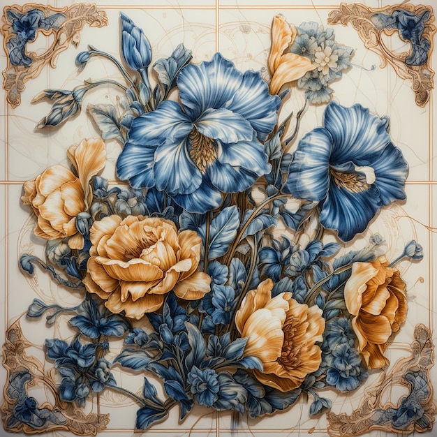 A tile with flowers on it that is blue and yellow.