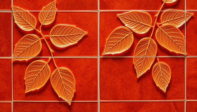 Photo a tile with leaves on it and a red background