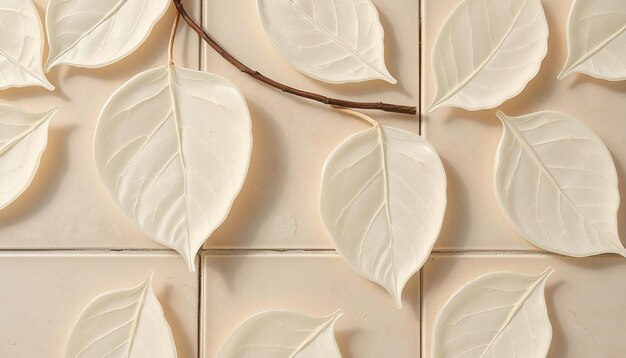 a tile with a white background and a brown branch with leaves on it