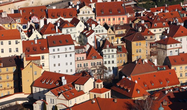 Tiled roofs of old buildings at Prague