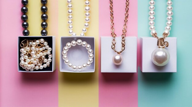 Tilt row of different white boxes with pearls necklace on pastel background