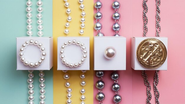 Tilt row of different white boxes with pearls necklace on pastel background