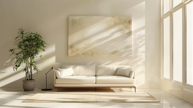 Photo tilted angle view of a serene minimalist living room elegant furniture in neutral tones soft natural lighting rendered in oil painting style with smooth brushstrokes