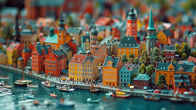 Photo tiltshift miniaturestyle photo of a colorful model cityscape with various buildings and trees urban