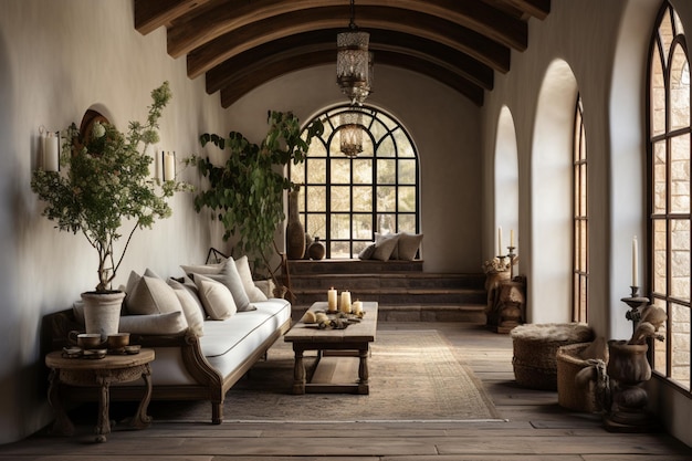 Timber beams ceiling in a farmhouse hallway theres a white stucco wall Rustic style interior design