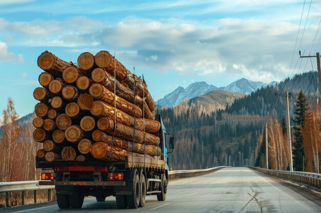 Photo timber cargo truck transporting wood on highway timber export