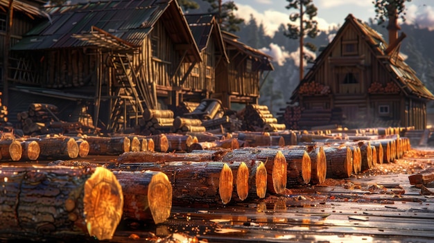 Photo timber processing at a rustic sawmill chopped logs ready for lumber production a view of the