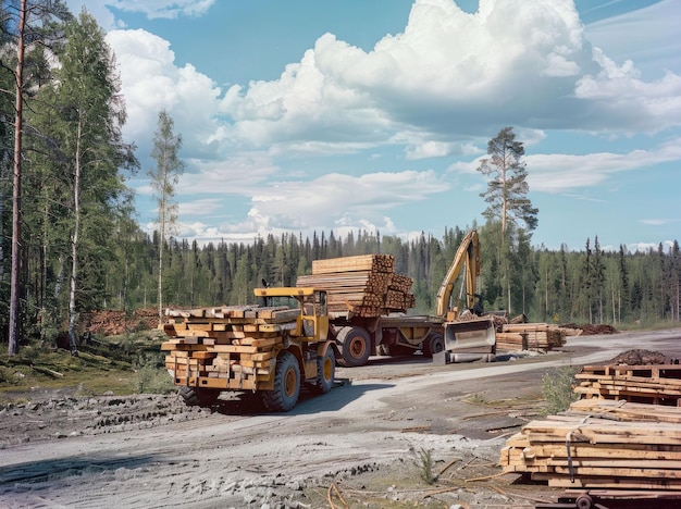 Photo timber transport in a forest setting with heavy machinery and stacks of lumber against a blue sky