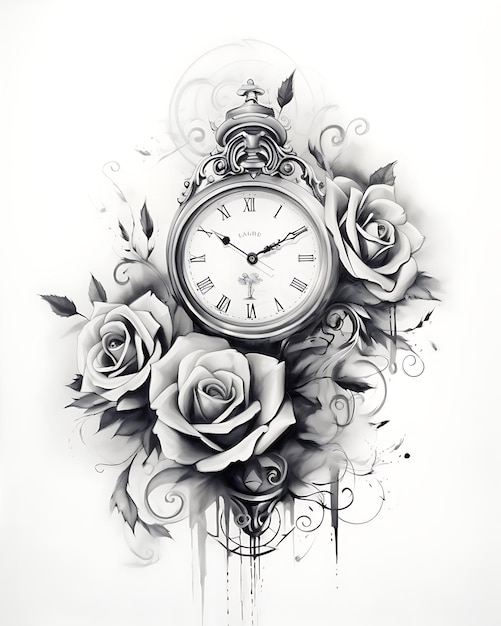 Time Clock and Roses Tattoo Design