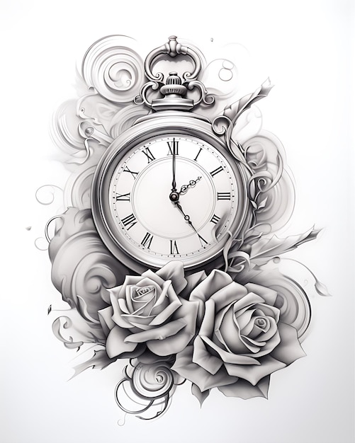 Time Clock and Roses Tattoo Design