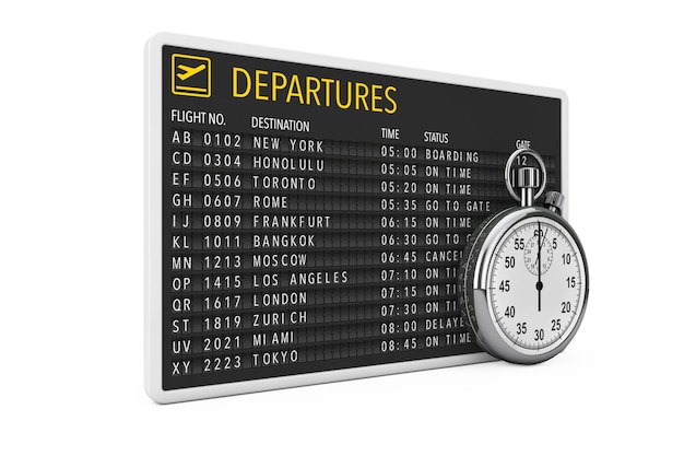 Photo in time fly concept. airport departures table board with stopwatch on a white background. 3d rendering