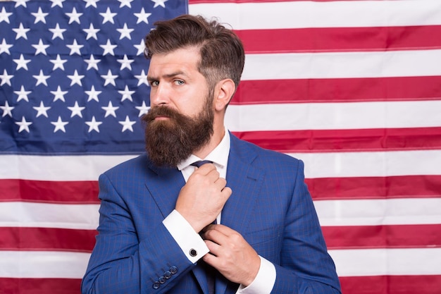 Time for Greatness bearded man usa parliament representative 4 of july independence day celebration of freedom Patriotic education legal system in America confident businessman at american flag