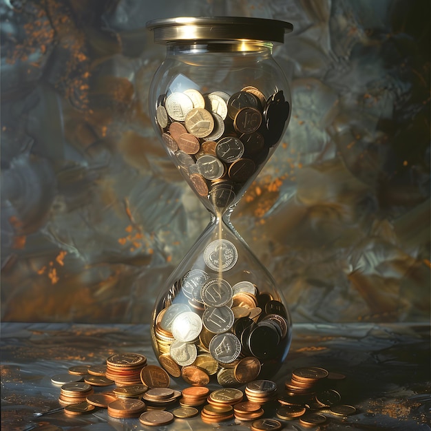 Time is money concept hourglass filled with coins flowing through narrow passage instead of sand