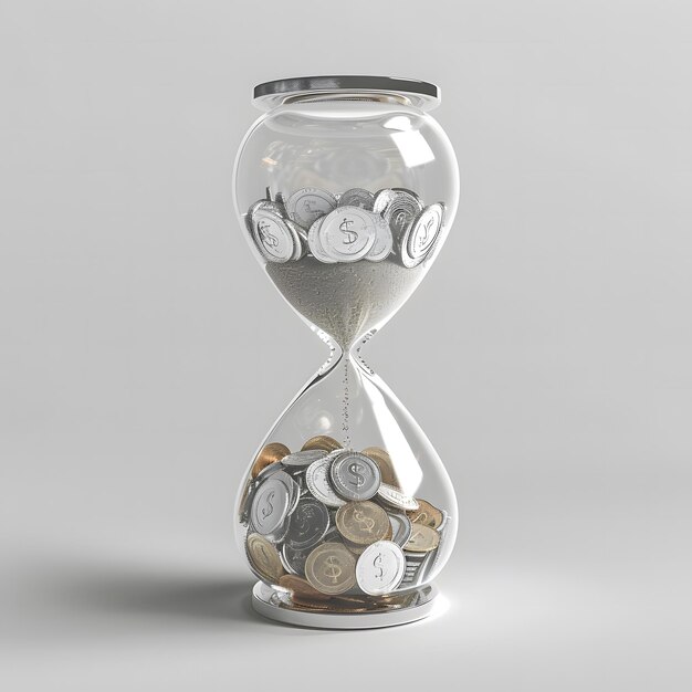 Time is money concept hourglass filled with coins flowing through narrow passage instead of sand