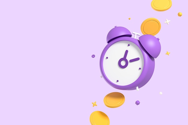 Time is money concept Mockup banner with Alarm Clock and Coins Online payment and tax time reminder Poster with empty copy space for text and promotion isolated on purple background 3D Rendering