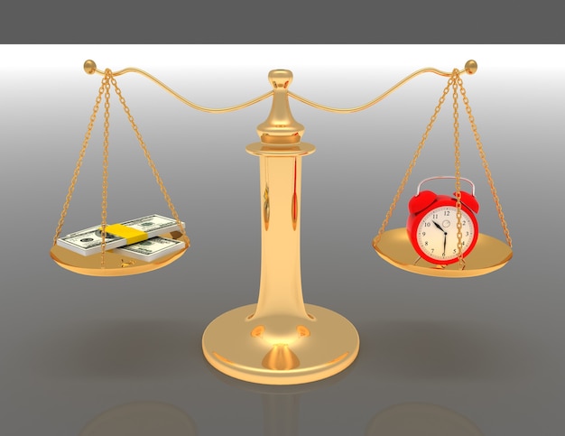 Time is money concept . scales and clock and money . 3d rendered illustration