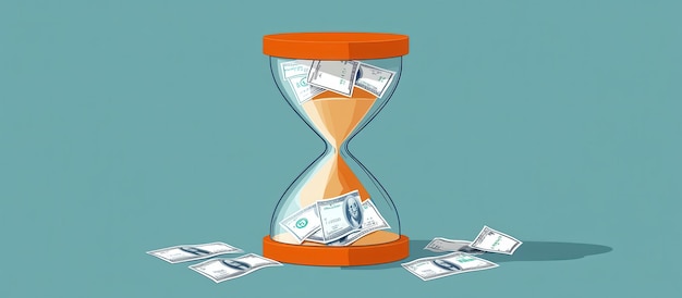 Photo time is money concept with hourglass and falling dollar bills on blue background