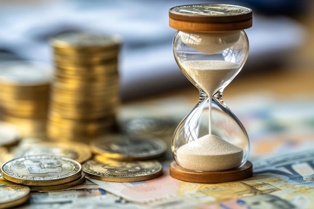 Photo time is money hourglass and british coins symbolize deadline and financial value in photography