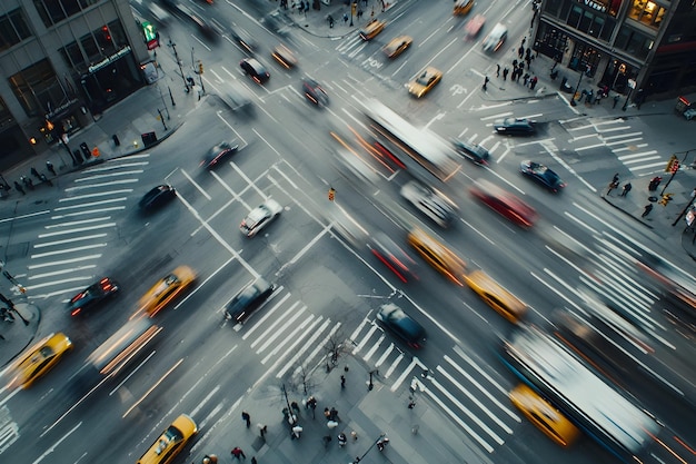 Photo time lapse aerial view of bustling city intersection with rapid vehicle and pedestrian movement