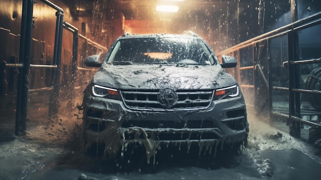 A time lapse photo series showing a filthy mud caked car going through a car wash