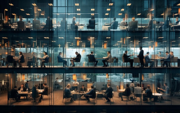 Time lapse photography of fast moving busy businessmen reflecting in glass of building