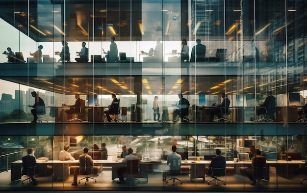 Time lapse photography of fast moving busy businessmen reflecting in glass of building