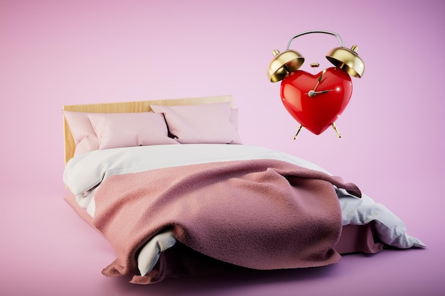 Time for love a heart in the form of an alarm clock and a bed on a pastel background 3D render