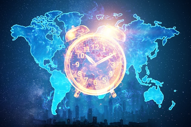 Time management concept, image of an alarm clock on the background of the earth map hologram. 3D illustration, 3D render. Copy space.