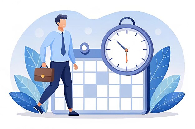 Photo time management day planning road to success poster with clock and man cartoon character flat vector illustration